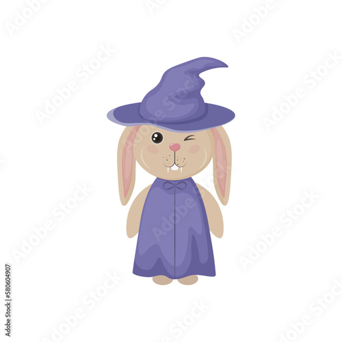 A rabbit in a witch s hat. Cute rabbit in a witch hat and cloak. A hare in a Halloween costume and with fangs. Vector illustration isolated on a white background