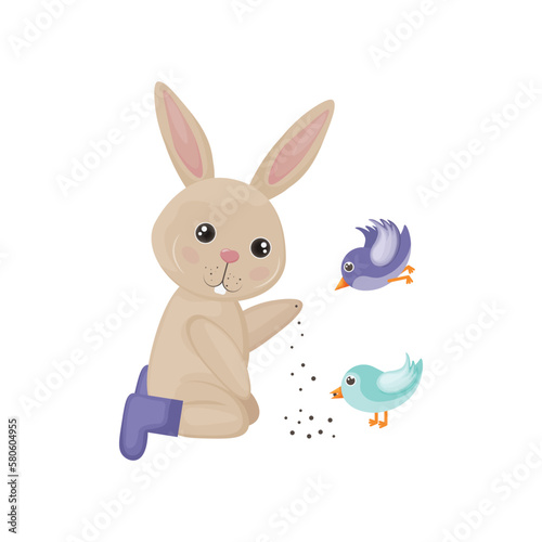 The rabbit feeds the birds. A cute rabbit feeds two birds with food. Cute children s illustration with birds and a hare. Vector illustration
