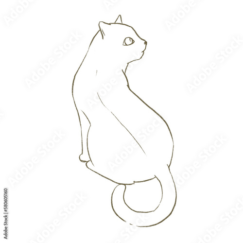 The rear view of the cat sitting on the floor looking to the right.