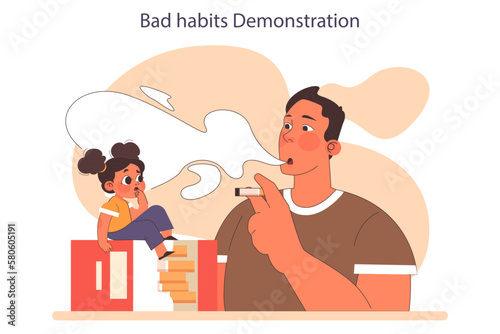 Demonstration of bad habits. Unhealthy lifestyle and passive smoking risk.