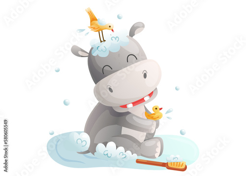 cute hippo in the bathroom taking shower, vector illustration, children's clipart with cartoon character good for card