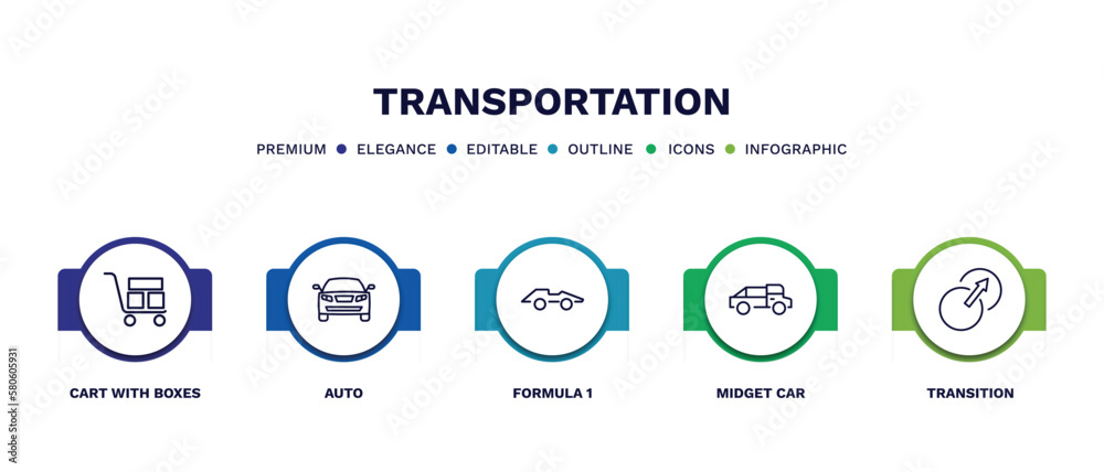 set of transportation thin line icons. transportation outline icons with infographic template. linear icons such as cart with boxes, auto, formula 1, midget car, transition vector.