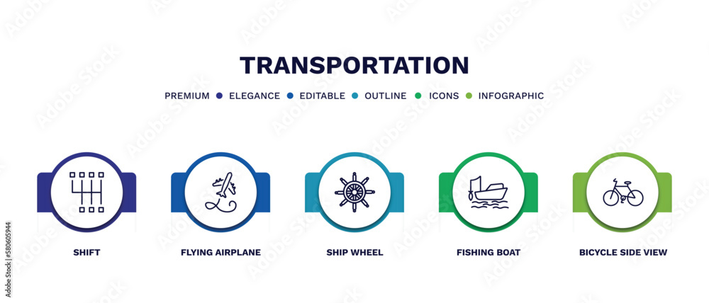 set of transportation thin line icons. transportation outline icons with infographic template. linear icons such as shift, flying airplane, ship wheel, fishing boat, bicycle side view vector.