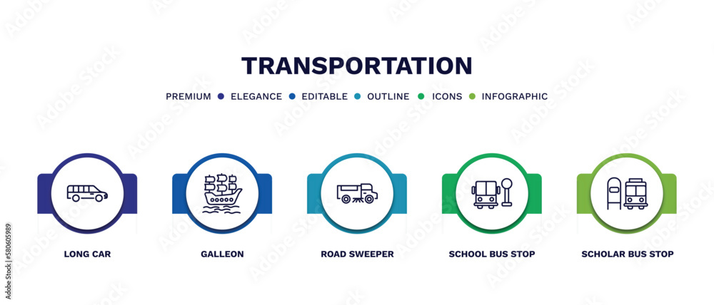 set of transportation thin line icons. transportation outline icons with infographic template. linear icons such as long car, galleon, road sweeper, school bus stop, scholar bus stop vector.