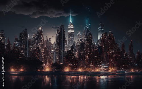 Night skyline of Manhattan  New York City. Generative AI