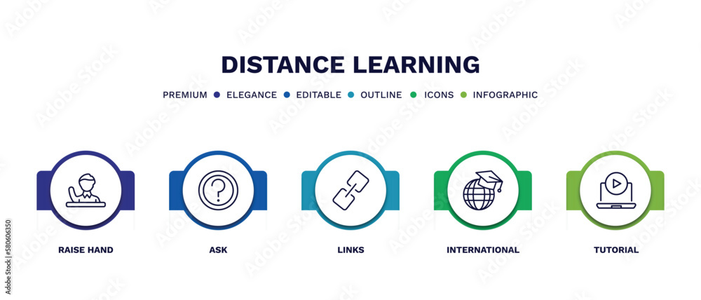 set of distance learning thin line icons. distance learning outline icons with infographic template. linear icons such as raise hand, ask, links, international, tutorial vector. set of distance learning thin line icons. distance learning outline icons with infographic template. linear icons such as raise hand, ask, links, international, tutorial vector.