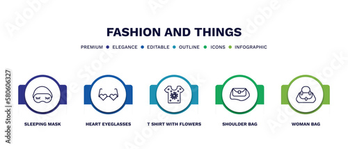 set of fashion and things thin line icons. fashion and things outline icons with infographic template. linear icons such as sleeping mask, heart eyeglasses, t shirt with flowers, shoulder bag, woman photo