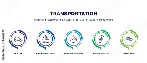 set of transportation thin line icons. transportation outline icons with infographic template. linear icons such as go kart, sailing boat with veils, airplane pointing up, shock breaker, bobsleigh