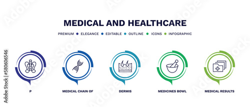 set of medical and healthcare thin line icons. medical and healthcare outline icons with infographic template. linear icons such as p, medical chain of dna, dermis, medicines bowl, results folders