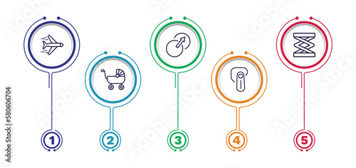 set of transportation thin line icons. transportation outline icons with infographic template. linear icons such as airplane flying, transition, lifter, babysitter, hands free device vector.