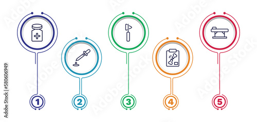 set of medical and healthcare thin line icons. medical and healthcare outline icons with infographic template. linear icons such as cure, medical hammer tool, table of treatments, dosage tool, x ray