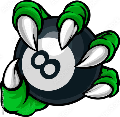 A monster or animal claw or talon hand with claws or talons holding a pool billiards black 8 ball.