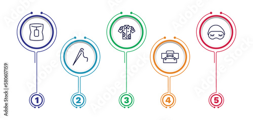 set of fashion and things thin line icons. fashion and things outline icons with infographic template. linear icons such as neck gaiter, hawaiian, sleeping mask, stitching, small toolbox vector.