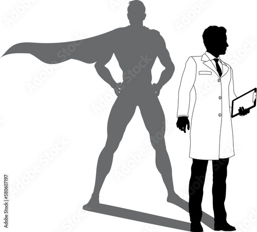 A superhero male scientist, engineer, doctor or teacher in a lab white coat man. Revealed by his shadow silhouette as a super hero in a cape.