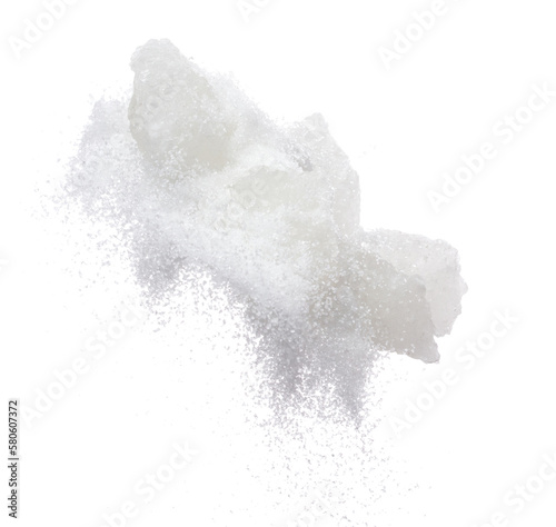 Rock Sugar mix refined ground dust fly explosion, white crystal Rock Sugar abstract cloud floating. Big Rock Sugar splash throwing in air. white background isolated high speed freeze motion