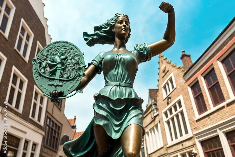 ANTWERP, BELGIUM - AUGUST 05, 2012: Bronze statue of a woman throwing a rope in the ancient historic medieval old town, AI generated ANTWERP, BELGIUM - AUGUST 05, 2012: Bronze statue of a woman throwing a rope in the ancient historic medieval old town, AI generated