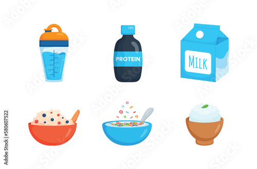 Vector illustration of a healthy meal plate, protein based essential nutritional concepts.Whey protein, Protein bottles,Milk box,Yogurt and fruit in bowl, serial and milk in bowl, rice in a cup.