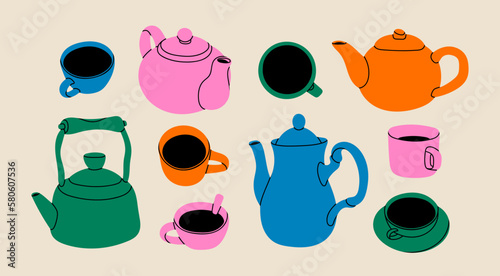 Foto Set of various cups, mugs and teapots with fresh hot tea