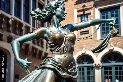 ANTWERP, BELGIUM - AUGUST 05, 2012: Bronze statue of a woman throwing a rope in the ancient historic medieval old town, AI generated