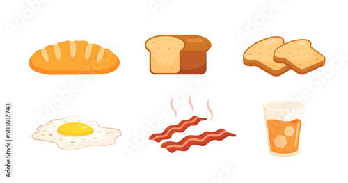Breakfast set, fruit juice and others vector illustration isolated on white, breakfast, loaf of bread, loaf of bread, sliced ​​toast, fried egg or fried egg and bacon.