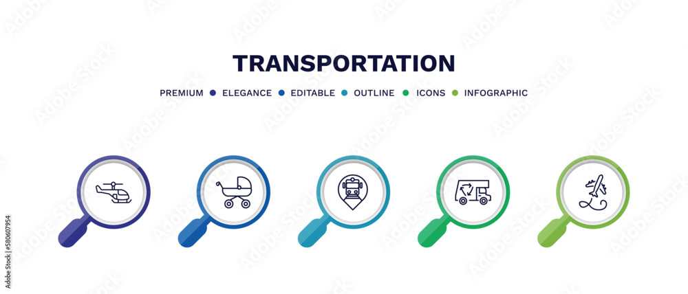 set of transportation thin line icons. transportation outline icons with infographic template. linear icons such as small helicopter, pram, tram stop, recycling truck, flying airplane vector. set of transportation thin line icons. transportation outline icons with infographic template. linear icons such as small helicopter, pram, tram stop, recycling truck, flying airplane vector.