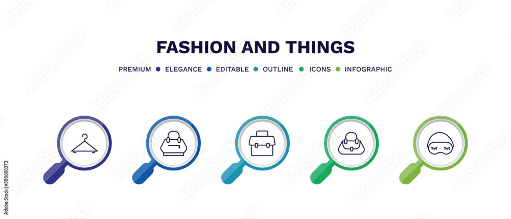 set of fashion and things thin line icons. fashion and things outline icons with infographic template. linear icons such as clothing hanger, fashion bag, office briefcase, woman bag, sleeping mask set of fashion and things thin line icons. fashion and things outline icons with infographic template. linear icons such as clothing hanger, fashion bag, office briefcase, woman bag, sleeping mask