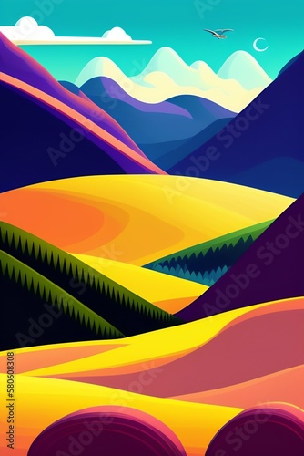 Grassland and mountain background, cartoon illustration style, Typography. Background for a poster, t-shirt or banner