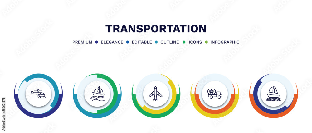 set of transportation thin line icons. transportation outline icons with infographic template. linear icons such as small helicopter, sailing, airplane pointing up, gas truck, sail boat vector. set of transportation thin line icons. transportation outline icons with infographic template. linear icons such as small helicopter, sailing, airplane pointing up, gas truck, sail boat vector.