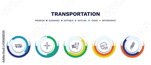 set of transportation thin line icons. transportation outline icons with infographic template. linear icons such as road sweeper, slim, car repair, motorsport, shock breaker vector.