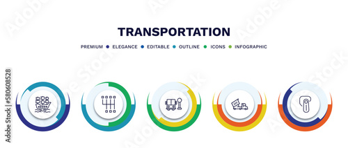 set of transportation thin line icons. transportation outline icons with infographic template. linear icons such as galleon, shift, school bus stop, heavy vehicle, hands free device vector.