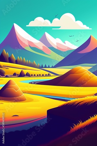 Grassland and mountain background, cartoon illustration style, Typography. Background for a poster, t-shirt or banner