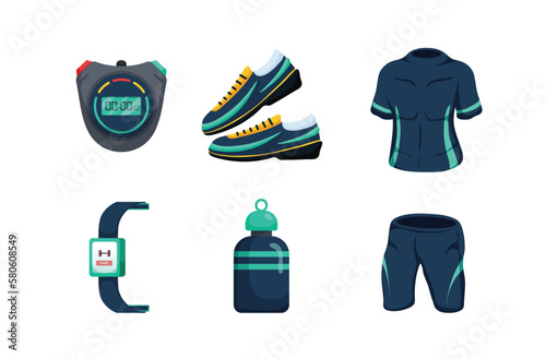 Sport equipment isometric vector set.Fitness and excercise inventory,gym accessories.Healthy lifestyle concepts.timer for exercise,exercise shoes and sneaker,cycling jerseys, Dumbbell weight