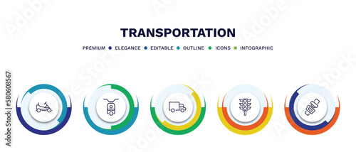 set of transportation thin line icons. transportation outline icons with infographic template. linear icons such as go kart, scooter bike, trucking, semaphore, seatbelt vector.