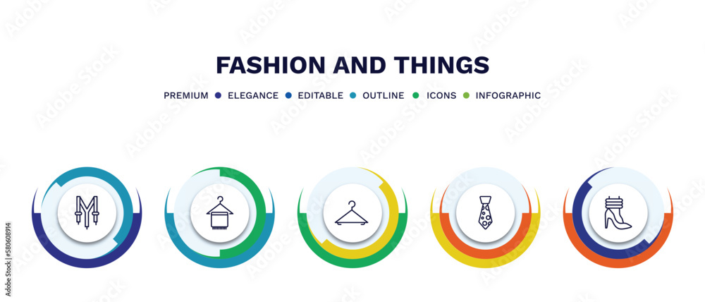 set of fashion and things thin line icons. fashion and things outline icons with infographic template. linear icons such as suspenders, cloth towel, clothing hanger, stripped tie, leg warmer vector. set of fashion and things thin line icons. fashion and things outline icons with infographic template. linear icons such as suspenders, cloth towel, clothing hanger, stripped tie, leg warmer vector.
