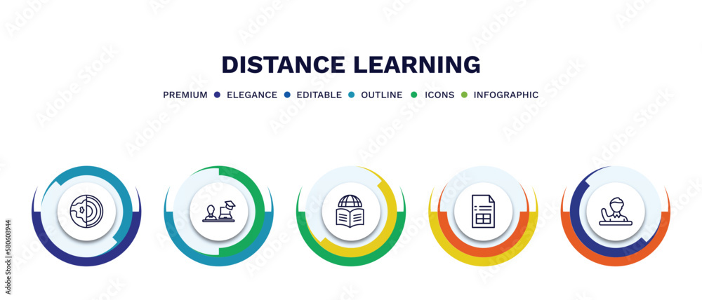set of distance learning thin line icons. distance learning outline icons with infographic template. linear icons such as geology, instructor, learning, sheet, raise hand vector.