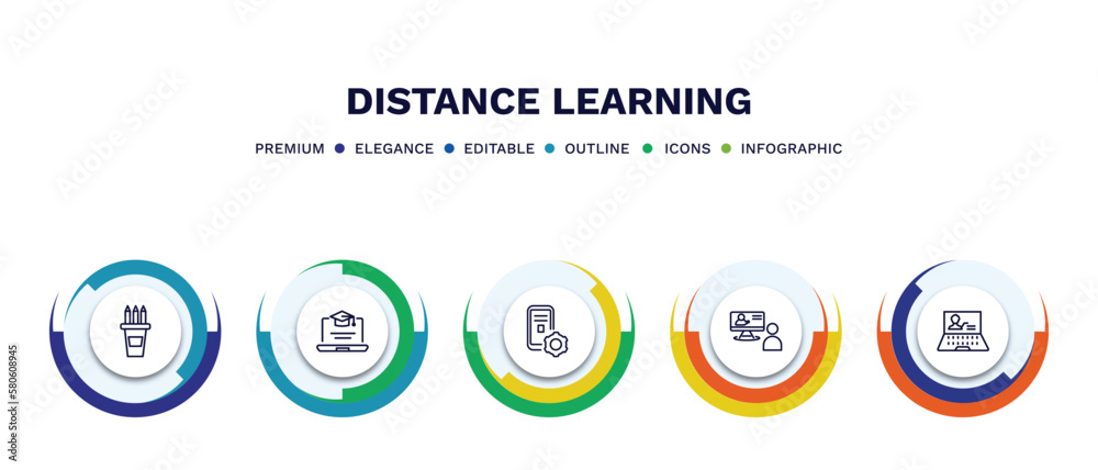 set of distance learning thin line icons. distance learning outline icons with infographic template. linear icons such as pencil box, online course, interactive course, online training,