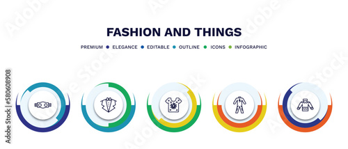 set of fashion and things thin line icons. fashion and things outline icons with infographic template. linear icons such as gym belt, suit with bow tie, t shirt with flowers, working coverall, skein