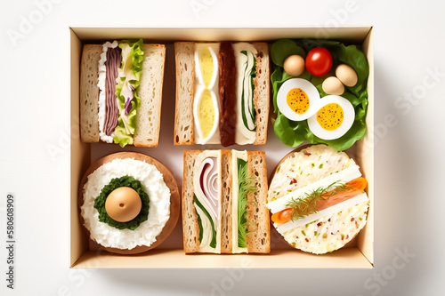 generative AI, Sandwich studio on wood. Filling meal between two bread slices with meats, cheeses, veggies & spreads. Customizable and convenient option for meals or snacks.