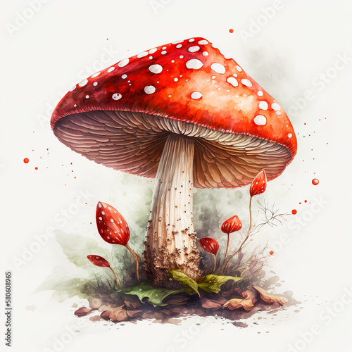 illustration of a red toadstool growing in the forest. Drawing in a watercolor style on a white background. Generative ai