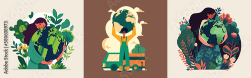 Set of Young woman embraces green planet Earth with care and love. Vector illustration of Earth day and saving planet. Environment conservation and energy saving concept.