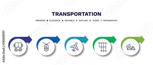 set of transportation thin line icons. transportation outline icons with infographic template. linear icons such as public transport, scooter bike, air transport, shift, heavy vehicle vector.