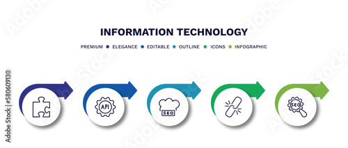 set of information technology thin line icons. information technology outline icons with infographic template. linear icons such as addon, api, seo cloud, broken link, seo configuration vector.