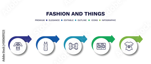 set of fashion and things thin line icons. fashion and things outline icons with infographic template. linear icons such as lab coat, tinge, elegante, laundry zone, vector.