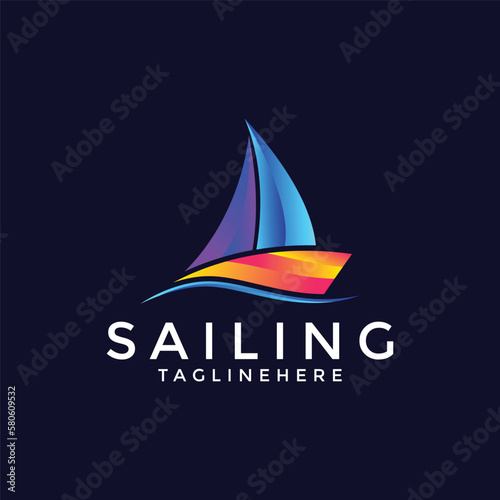 Simple sailboat sailing ship in Sea Ocean Wave, Simple sailboat vector logo design template