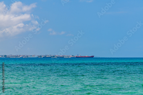 View on Indian ocean and Stone town coastline. Zanzibar, Tanzania
