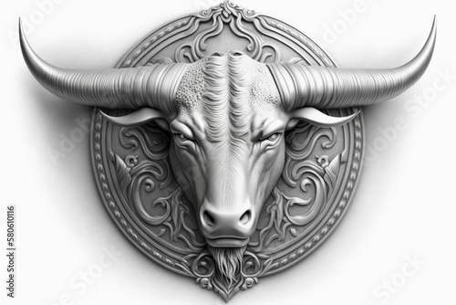 Silver emblem, head of a bull, white background, stock exchange concept. Generative AI