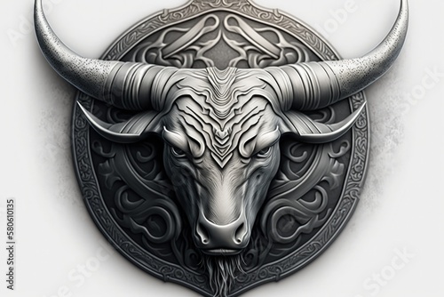 Silver emblem, head of a bull, white background, stock exchange concept. Generative AI