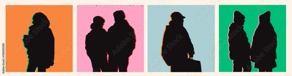 Black silhouettes or shadows of a young couples, guys, ladies. Glitch effect. Colorful backgrounds. Fashion, style, romance, date concept. Isolated design templates. Hand drawn Vector illustrations 