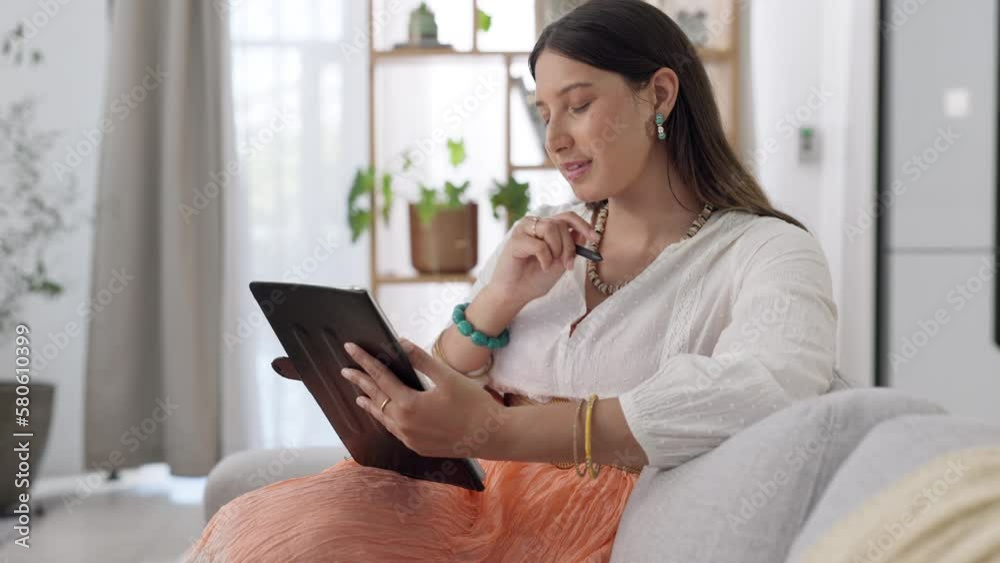 Woman on sofa with tablet, thinking and digital art, freelance design and creative home office technology. Freelancer, graphic designer and remote work, artist in living room with art software app. Woman on sofa with tablet, thinking and digital art, freelance design and creative home office technology. Freelancer, graphic designer and remote work, artist in living room with art software app.