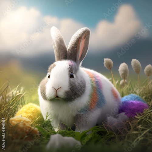  Easter Spring photorealistic cute fluffy bunny in soft lush colorful grass. Generative AI. Super cute easter animal bunny with fluffy eggs